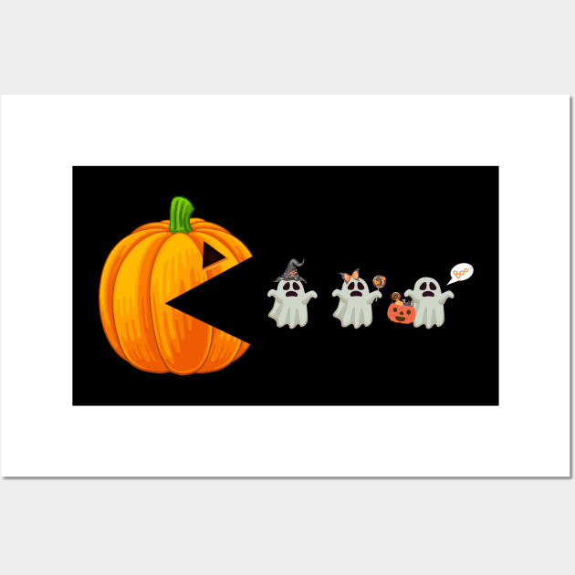 Funny Halloween Pumpkin Eating Ghost, Gamer Men Women Kids Shirt Wall Art by WoowyStore